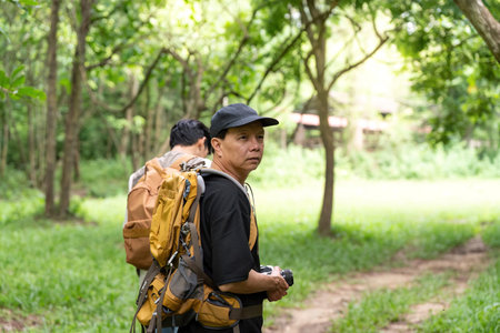 Father and Son Hiking Together: Capturing Natureの写真素材