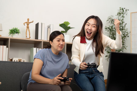 Mother and Daughter Bonding over Video Games. Excitement and Fun in a Cozy Living Room.の写真素材