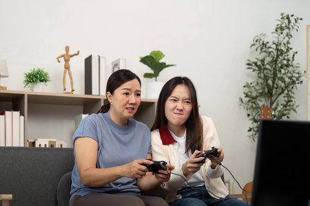 Focused Mother and Daughter Competing in Video Gamesの写真素材