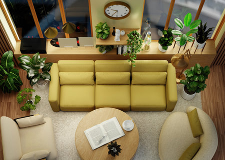 Sustainable indoor seating area with yellow tones and greenery. 3D render illustration