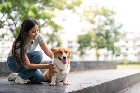 Corgi and Owner Bonding. Woman petting her dog in a tranquil park setting.の写真素材