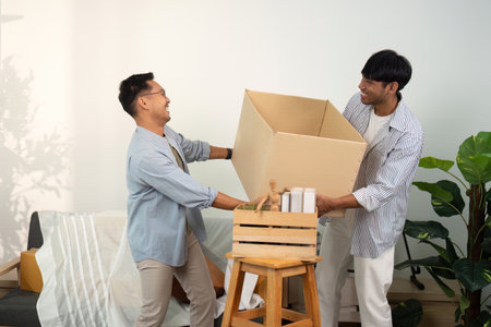 Gay couple collaborating on home organization with laughterの写真素材