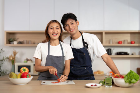 Couple Smiling While Preparing Food in Kitchen. Engaging in healthy cooking together.の写真素材