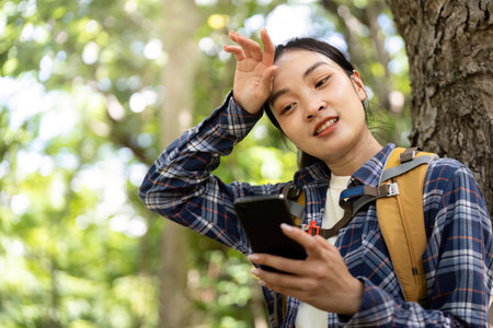 Refreshing Break: Young Woman Checking Phone by Treeの写真素材