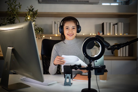 Podcast host smiling while reviewing notes for an engaging sessionの写真素材