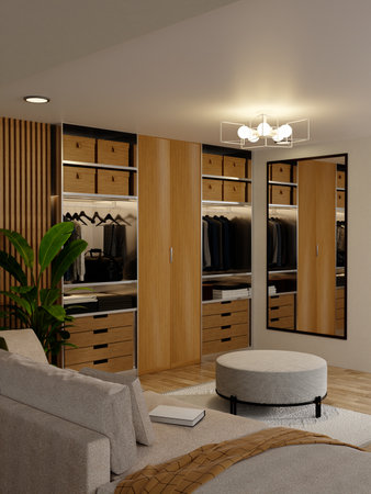 Modern interior design illustrating organized wardrobe with sleek furniture. 3D render illustrationの写真素材