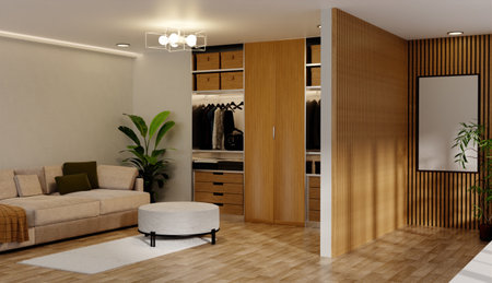 Interior design featuring efficient closet space and elegant furniture. 3D render illustration