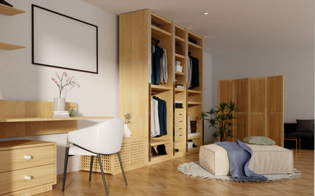Interior design showcasing modern wellness workspace with natural elements. 3D render illustration