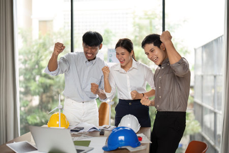 Sustainability Celebration. Team rejoicing over successful eco-friendly project.