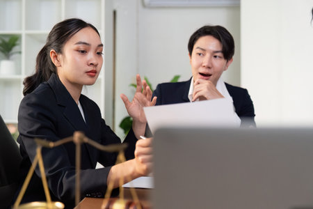 Legal Discussion. Female lawyer presenting case details to colleague in office.の写真素材