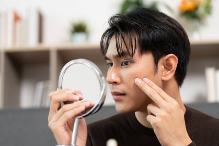 Skincare Routine. Young man examining skin with mirror for healthy complexion.の写真素材