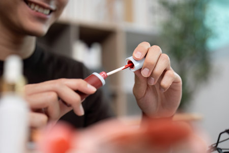 Self-Care Routine: Applying Lip Gloss with Careの写真素材