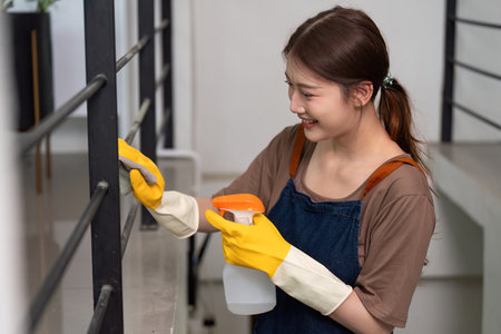 Home Care. Woman cleaning railing with spray and cloth, smiling while working.