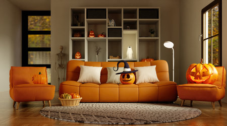 Halloween themed living room with pumpkins and playful decor 3D render illustrationの写真素材
