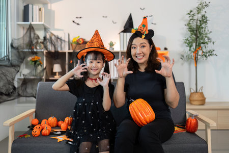Halloween Excitement. Mother and daughter posing with pumpkins and playful expressions.の写真素材