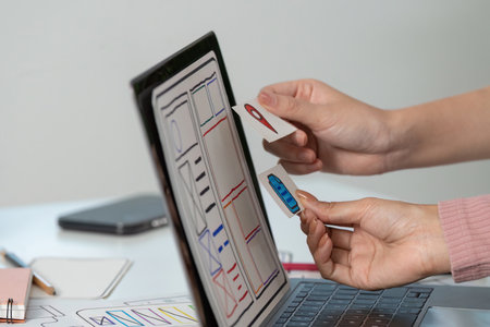 UX and UI Design Interaction with Laptop and Sketches