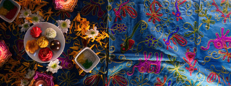 Diwali celebration with colorful sweets and flowers on decorative fabricの写真素材