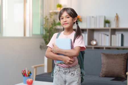 Child preparing for school with backpack and notebooksの写真素材