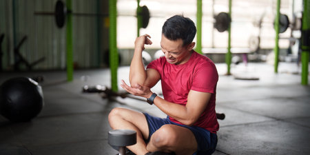 Young man feeling elbow pain during weight training in gym.