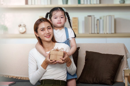 Mother and Daughter Celebrating with a Giftの写真素材