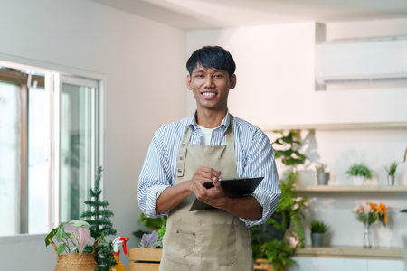 Entrepreneurship. Smiling young man in apron holding a clipboard in a modern workspace.の写真素材