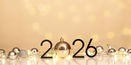 New Year 2026 Celebration with Golden Ornament and Lightsの写真素材