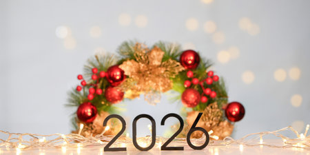2026 Year Celebration with Christmas Wreath and Lights