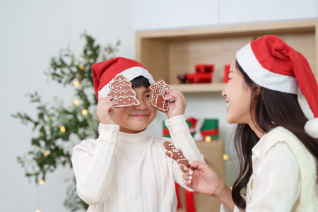 Gingerbread Joy. Kids having fun with gingerbread cookies during Christmas.
