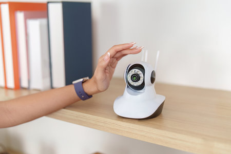 Technology. User interacting with smart security camera.