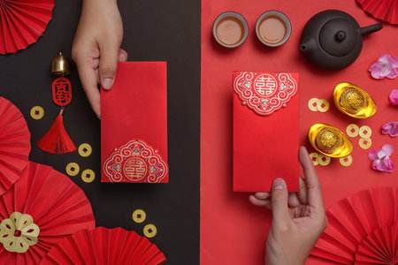 Dual red envelopes for Chinese New Year celebrationの写真素材