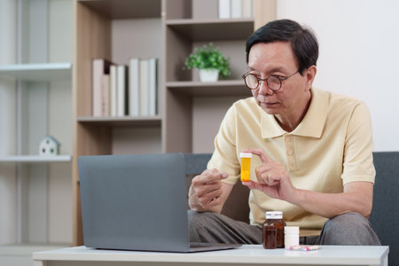 Senior man reviewing prescription medication during online consultationの写真素材