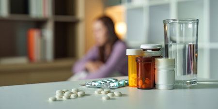 Mental Health Awareness. Prescription medication bottles on table with glass of water.の写真素材
