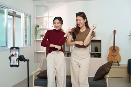 Social Media Fun. Two friends dancing and enjoying a moment together in a cozy living room.の写真素材