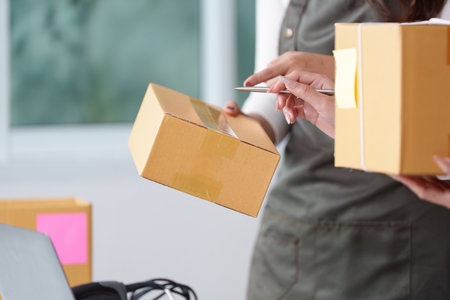 E-commerce collaboration. Women handling packages and managing orders on a laptop.の写真素材