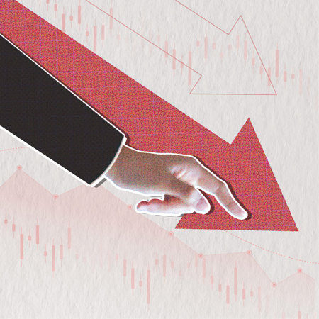 Collage representing economic loss through hands and downward arrows.の写真素材