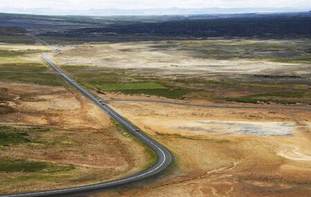 Road in Krafla geothermal area of Hverir, Namafjall in northern Icelandの写真素材