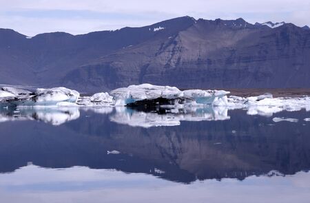 Jokulsarlon lagoon filled with icebergs from Vatnajokul glacier - largest one in Europe