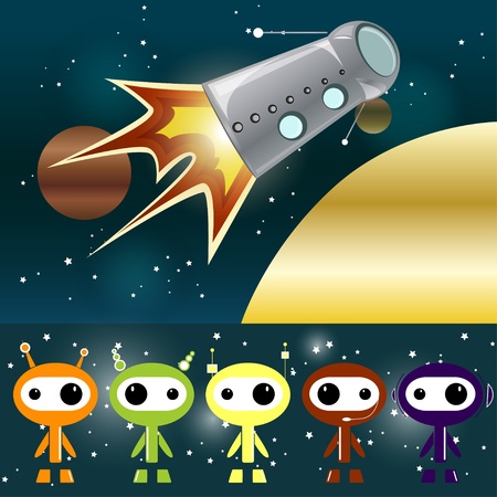 aliens spaceship travelers galaxy planets stars のイラスト素材