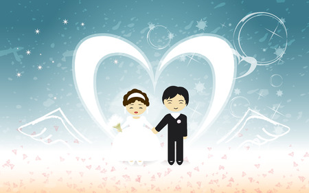 wedding beautiful groom and bride in big heart and blue skyのイラスト素材