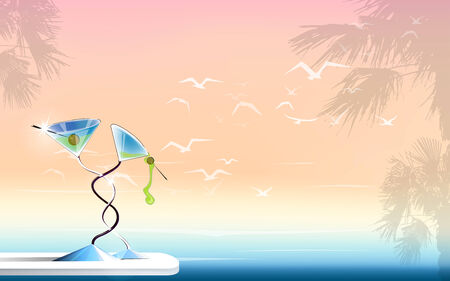 sea ocean seagulls palms holidays martini horizontal landscapeのイラスト素材