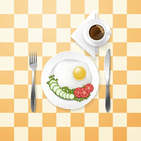 breakfast fried egg with onions and pomodoros and cup of coffee on checkered tableclothのイラスト素材