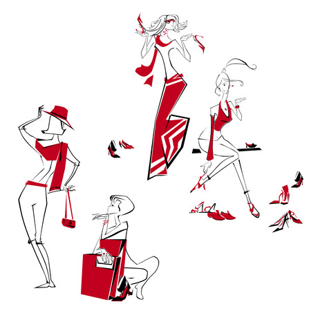 happy shopping girls in red with bags and shoesのイラスト素材