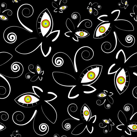 Handpainted butterflies with eyes seamless black and white background vectorのイラスト素材