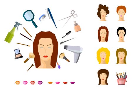 girl face makeup beauty salon spa hairdress set vectorのイラスト素材