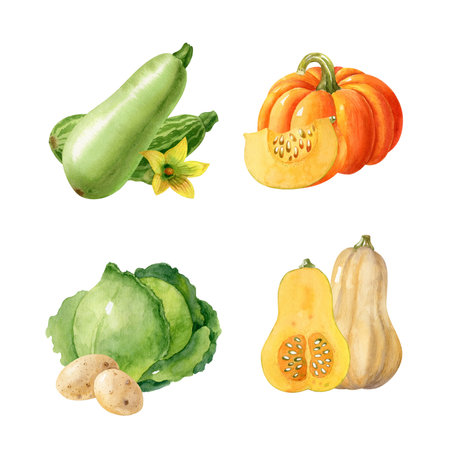 Collection of watercolor vegetables isolated on white background. Autumn harvest, food illustration of pumpkin, cabbage, squash, potatoes. hand-drawn clipart.の写真素材