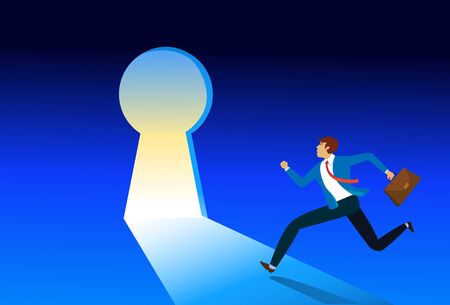 Opening opportunity Concept,Businessman running at opening door. Symbol of new career, opportunities, business ventures and challenges. vector illustration. Business open working again.  のイラスト素材