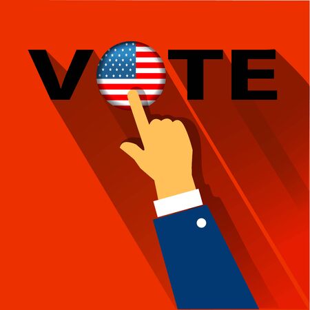man hand pointing at Vote black text Blue badge button icon with American flag Star and strip President election day. Voting concept. Isolated red background Card Flat designのイラスト素材