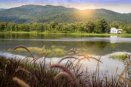 Beautiful landscape with lake and moutain on autumn day. holiday concept