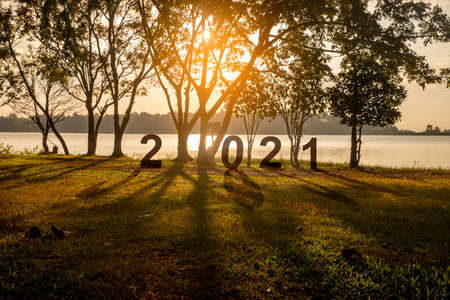 Silhouette of tree and number 2021 with orange sky background at sunset time. new year conceptの写真素材