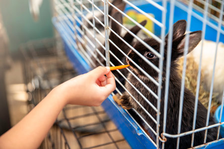 cropped view of woman's hand giving carrot to cute rabbit  in a cage. animal conceptの写真素材